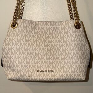 Michael Kors Purse / White Cream and Beige Logo Shoulder Bag with Gold Accents